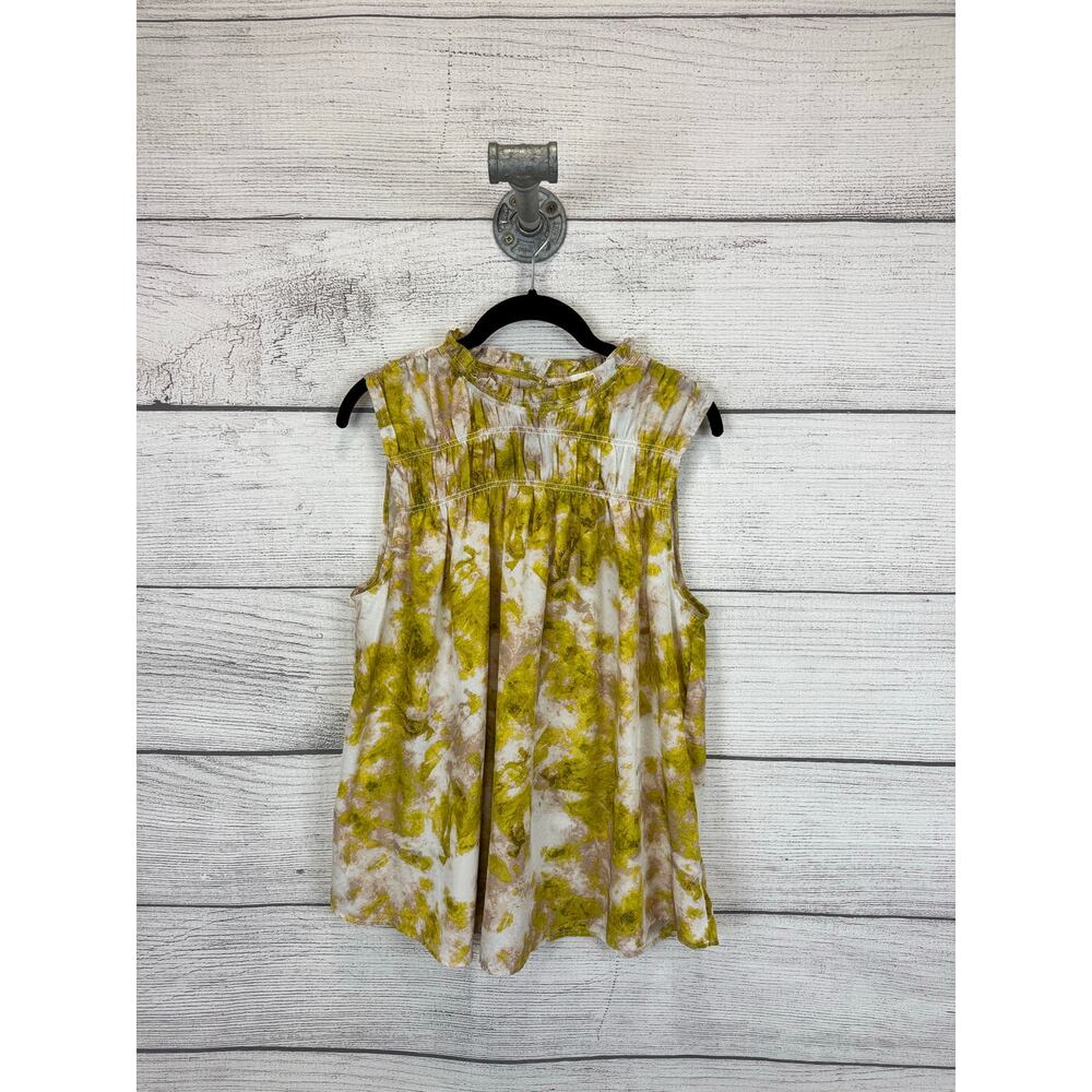 Joie Women's Cream Green Ruffle Neck Sleeveless Blouse Size Large